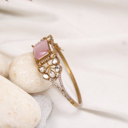 Navraee Elegant Pink Stone & Polki Micro Gold Plated Single Kada
