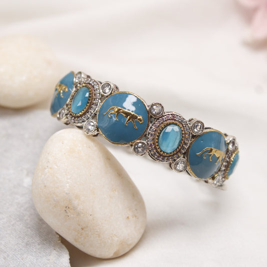 Teal Blue Enamel Dual Tone Kada with AD Stones
