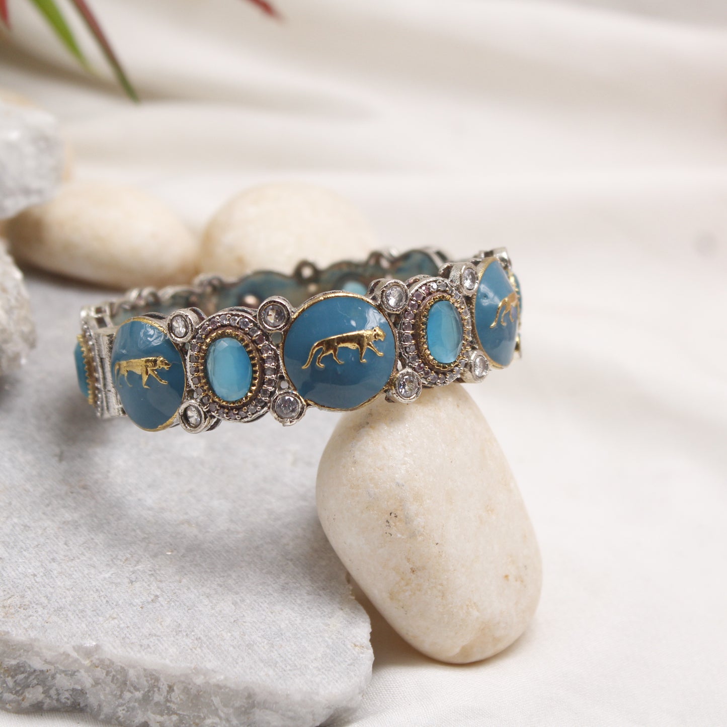 Teal Blue Enamel Dual Tone Kada with AD Stones