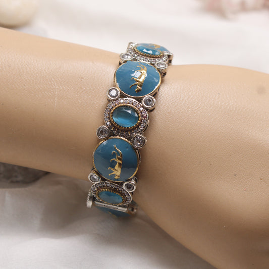 Teal Blue Enamel Dual Tone Kada with AD Stones