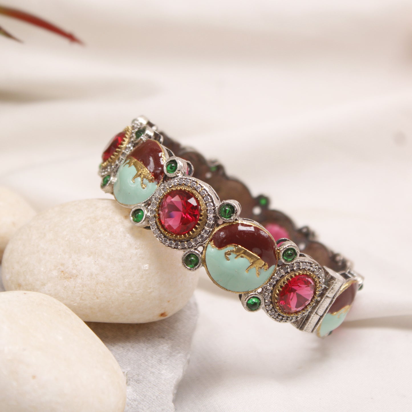 Navraee Antique Rajwadi Meenakari Kada with Red Stones & Animal Motif