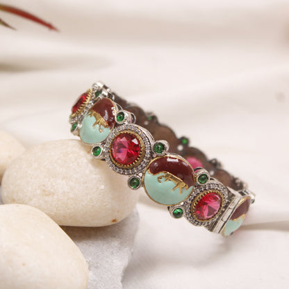 Navraee Antique Rajwadi Meenakari Kada with Red Stones & Animal Motif