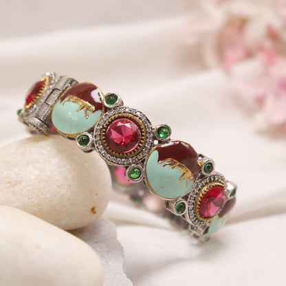 Navraee Antique Rajwadi Meenakari Kada with Red Stones & Animal Motif