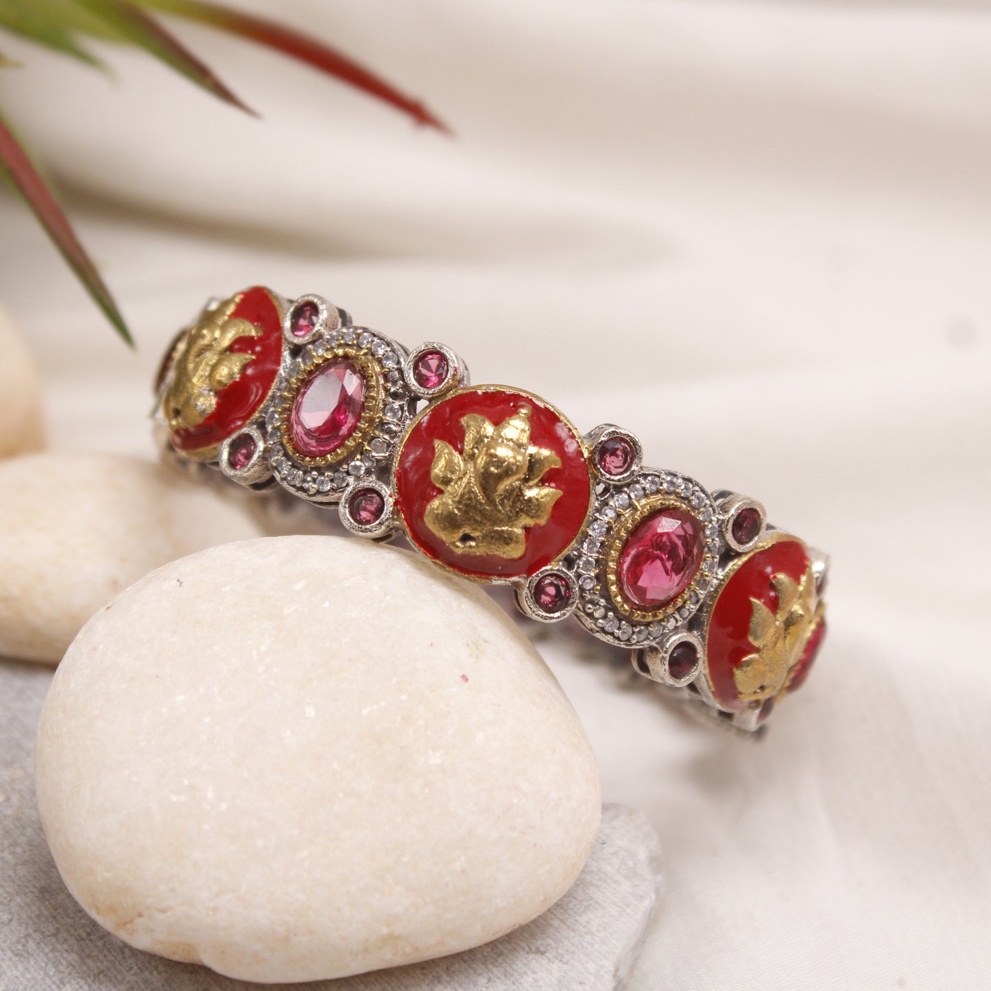 Antique Ruby Red Enamel Temple Kada with AD Stones