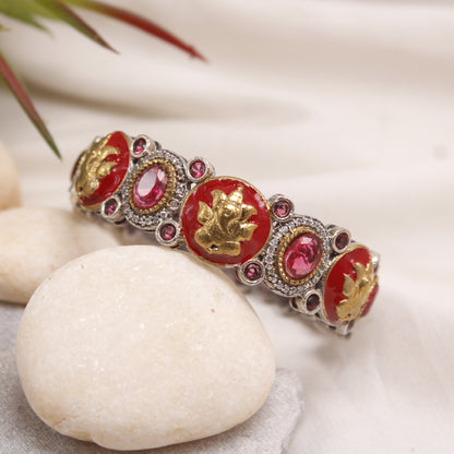 Antique Ruby Red Enamel Temple Kada with AD Stones