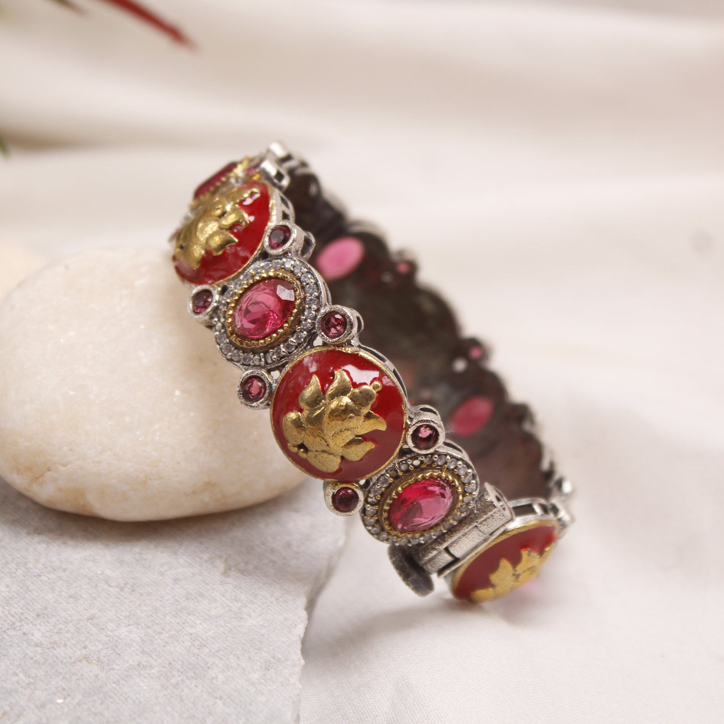 Antique Ruby Red Enamel Temple Kada with AD Stones