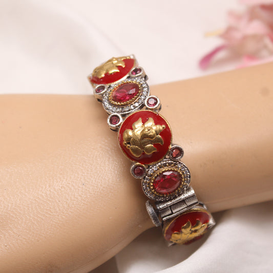 Antique Ruby Red Enamel Temple Kada with AD Stones