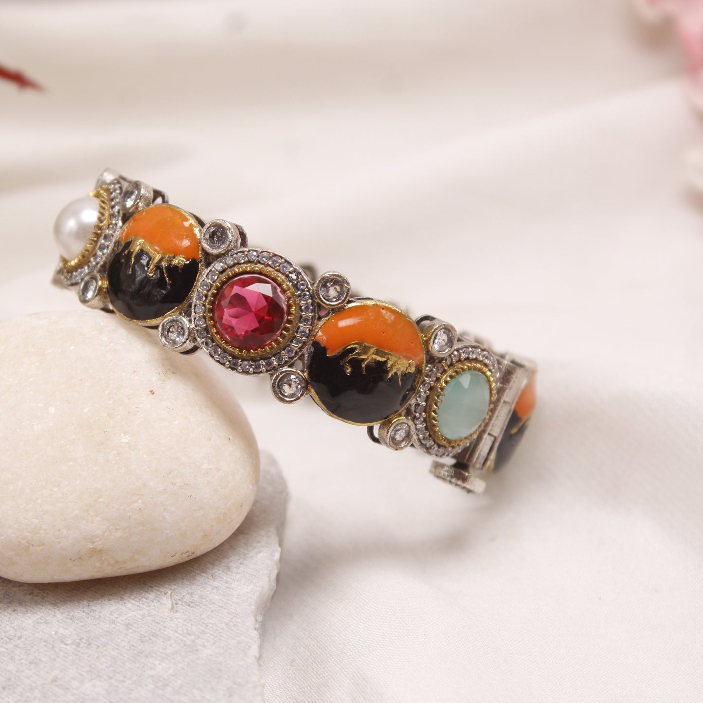 Antique Meenakari Elephant Motif Single Kada with AD & Pearls