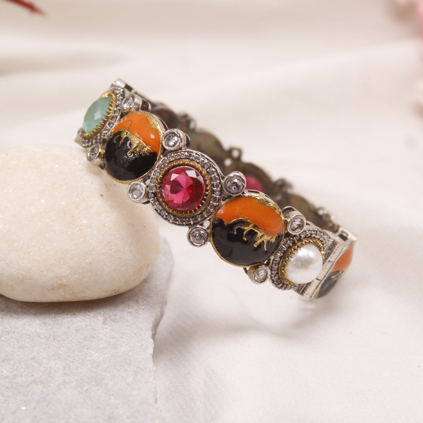 Antique Meenakari Elephant Motif Single Kada with AD & Pearls
