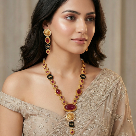 Royal Panther Ruby Red Long Necklace Set – Handcrafted Gold-Plated Heritage Jewellery
