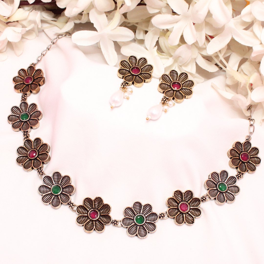 AARYA DUAL TONE NECKLACE SET-RED & GREEN