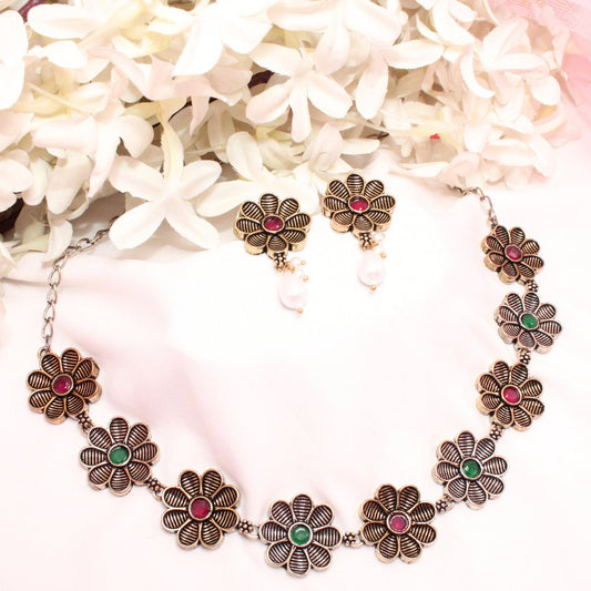 AARYA DUAL TONE NECKLACE SET - RED & GREEN
