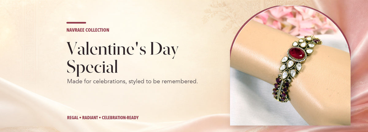 Valentine's Day Special collection header banner featuring Ruby Red Oval Cabochon Polki Leaf Kada