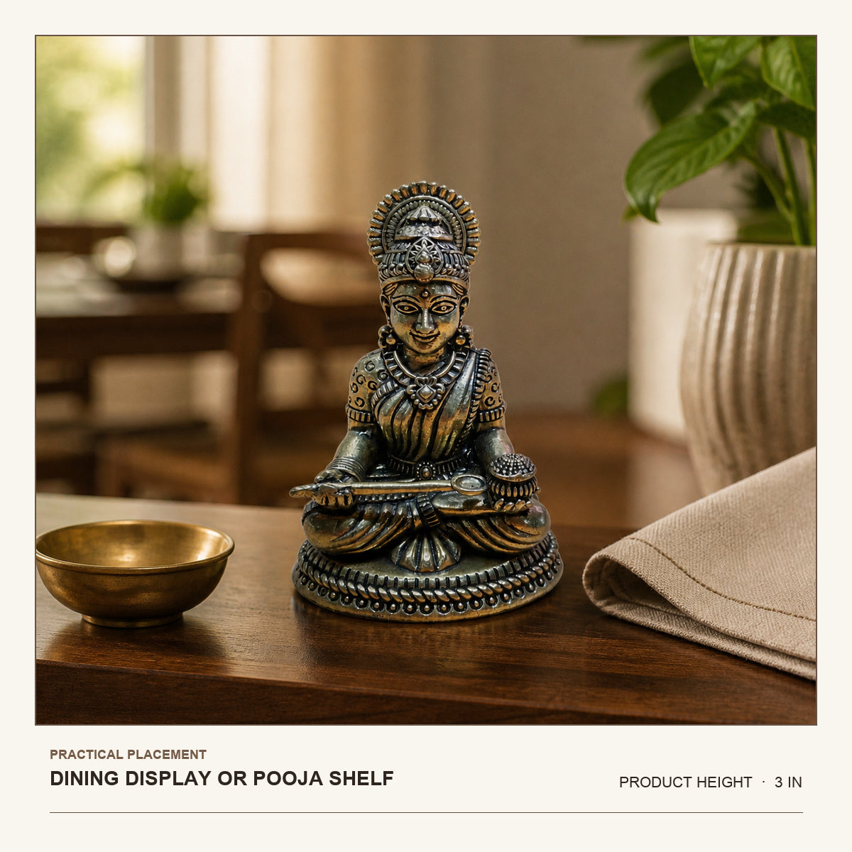 Goddess Annapurna Brass Idol shown at its 3-inch height on a dining display or pooja shelf