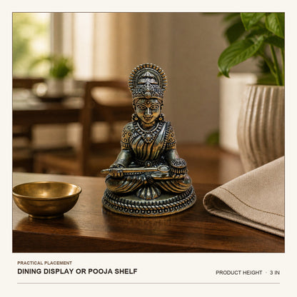 Goddess Annapurna Brass Idol shown at its 3-inch height on a dining display or pooja shelf