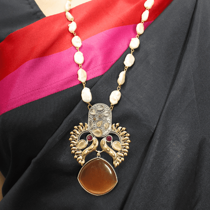 ANTIQUE CARAMEL STONE PEARL NECKLACE SET - ETHNIC JEWELRY