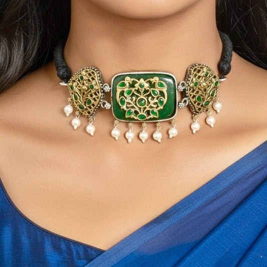 Antique Green Choker Set with Pearl Birdcage Jhumka Earrings