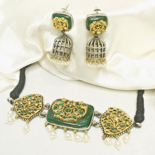 Antique Green Choker Set with Pearl Birdcage Jhumka Earrings