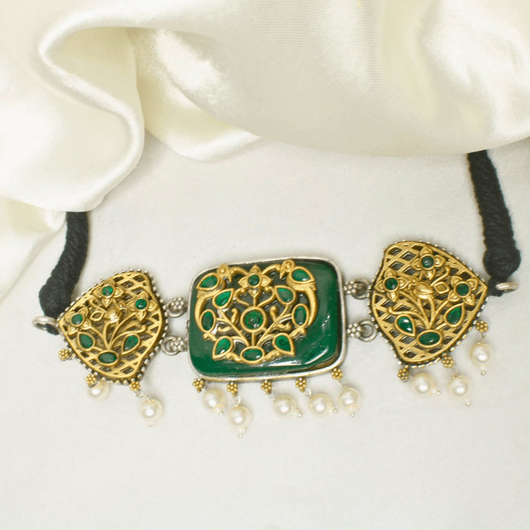 Antique Green Choker Set with Pearl Birdcage Jhumka Earrings
