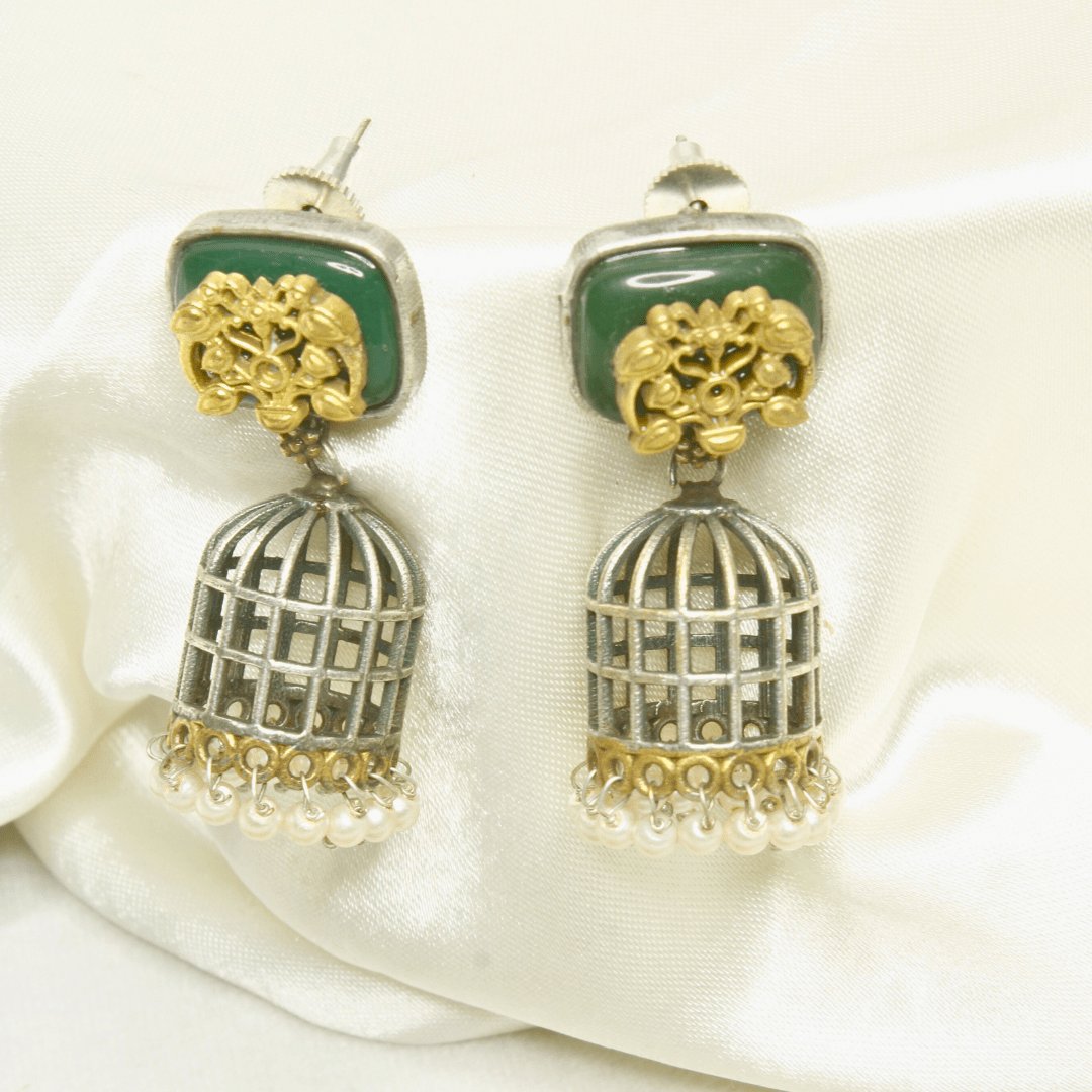Antique Green Choker Set with Pearl Birdcage Jhumka Earrings