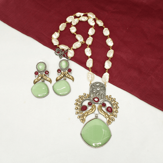 ANTIQUE GREEN STONE PEARL NECKLACE SET - ETHNIC JEWELRY