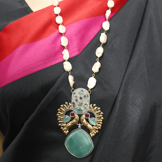 ANTIQUE MINT GREEN STONE PEARL NECKLACE SET - ETHNIC JEWELRY