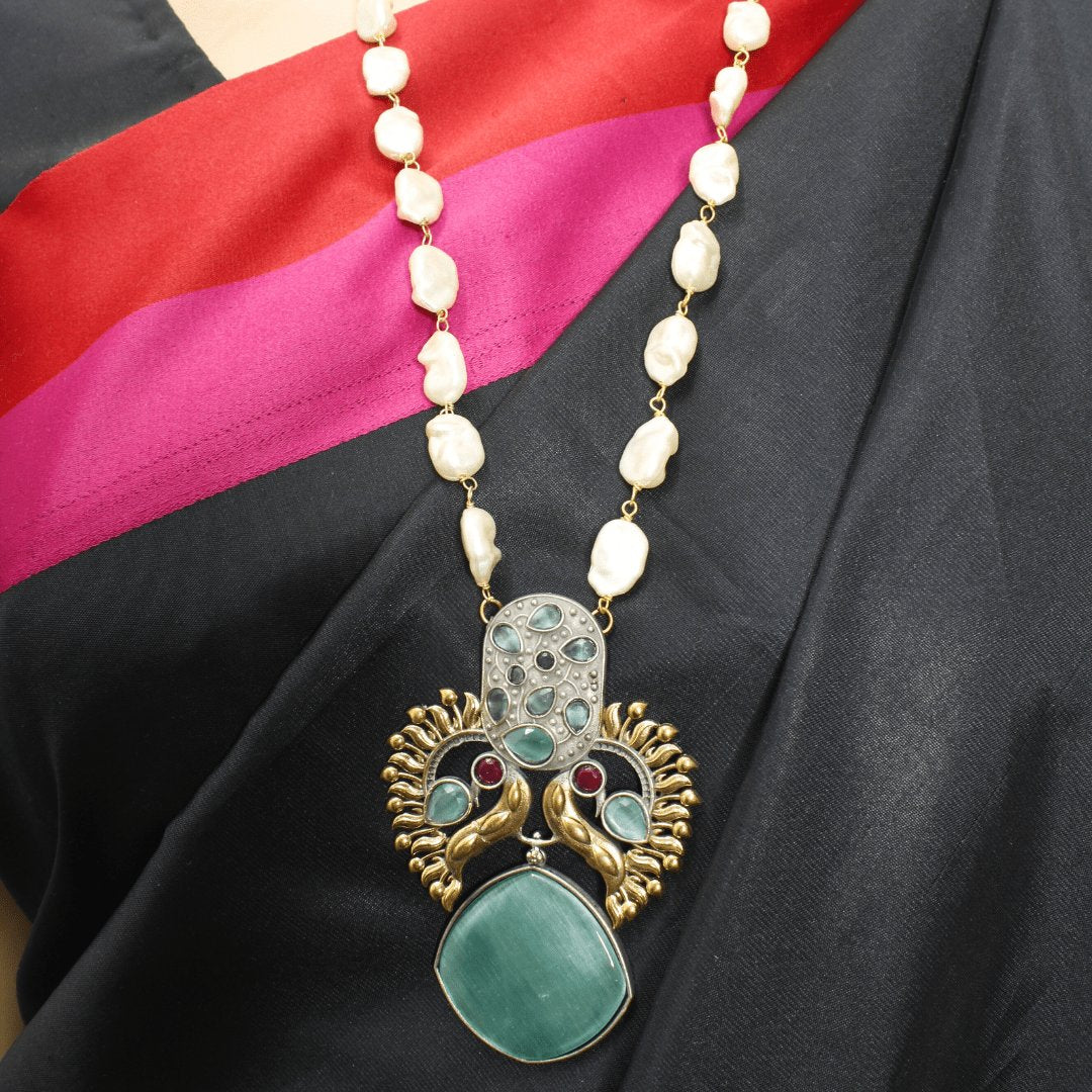 ANTIQUE MINT GREEN STONE PEARL PENDANT SET - ETHNIC JEWELRY