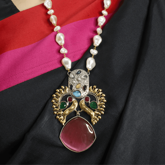 ANTIQUE MULTICOLOR STONE PINK PEARL NECKLACE SET - ETHNIC JEWELRY