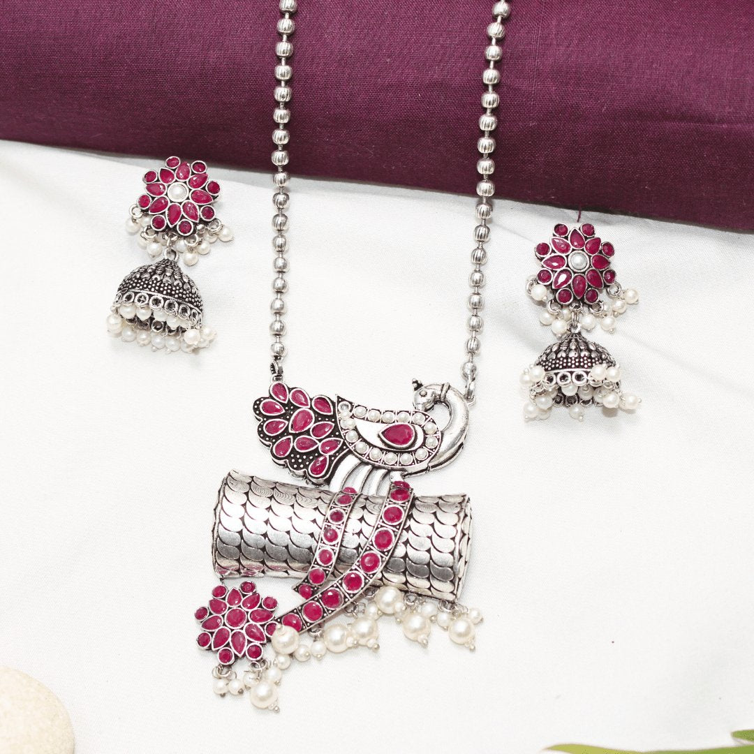 Antique Peacock Pendant Set – Red