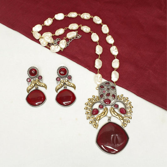 ANTIQUE RED STONE PEARL PENDANT SET - ETHNIC JEWELRY