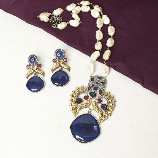 ANTIQUE ROYAL BLUE STONE PEARL NECKLACE SET - ETHNIC JEWELRY