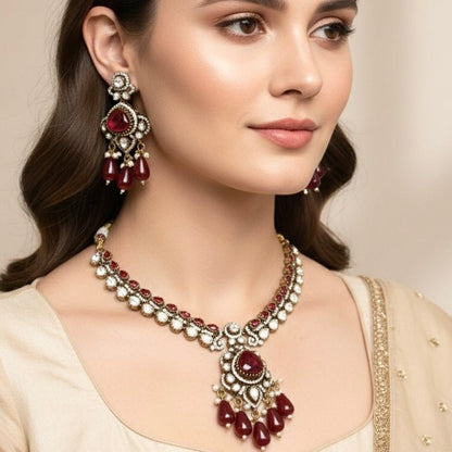 Antique Ruby Red Pearl Necklace Set