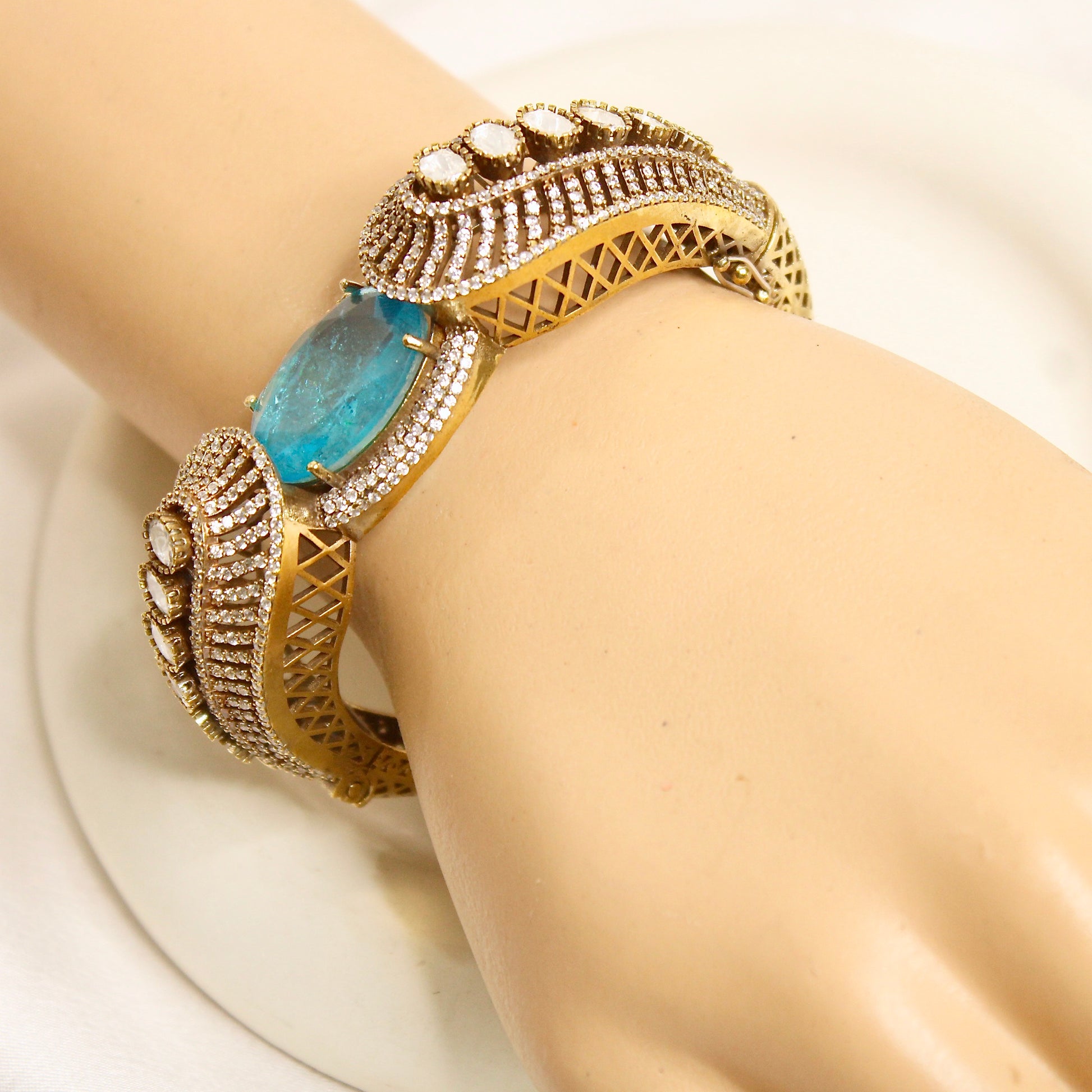 Aqua Blue Stone Paisley AD Statement Kada – product view 10