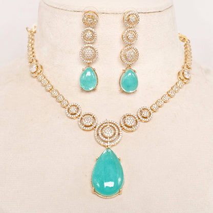 Aqua Green Stone & AD Necklace Set Online | Gold Plated Party Wear Jewelry