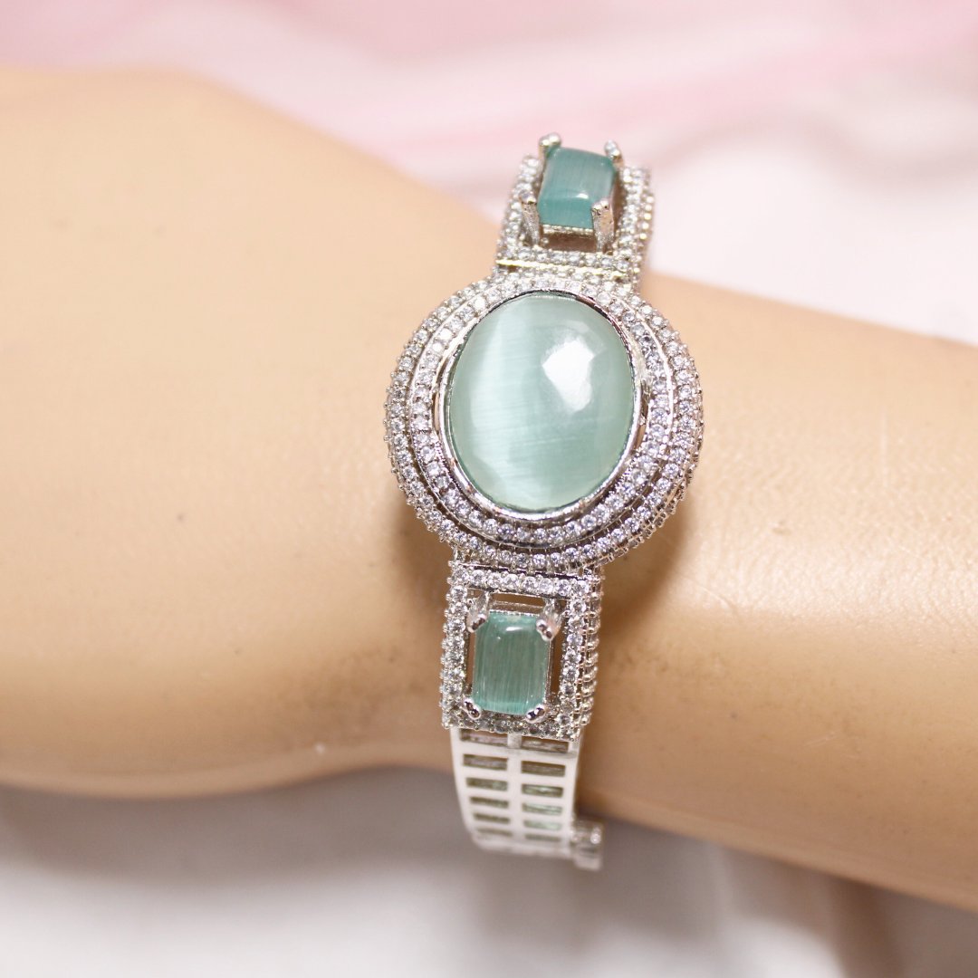 Aqua Green Stone Openable Kada – Silver Finish Luxury Bracelet