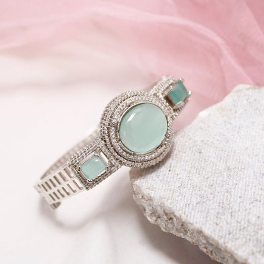Aqua Green Stone Openable Kada – Silver Finish Luxury Bracelet