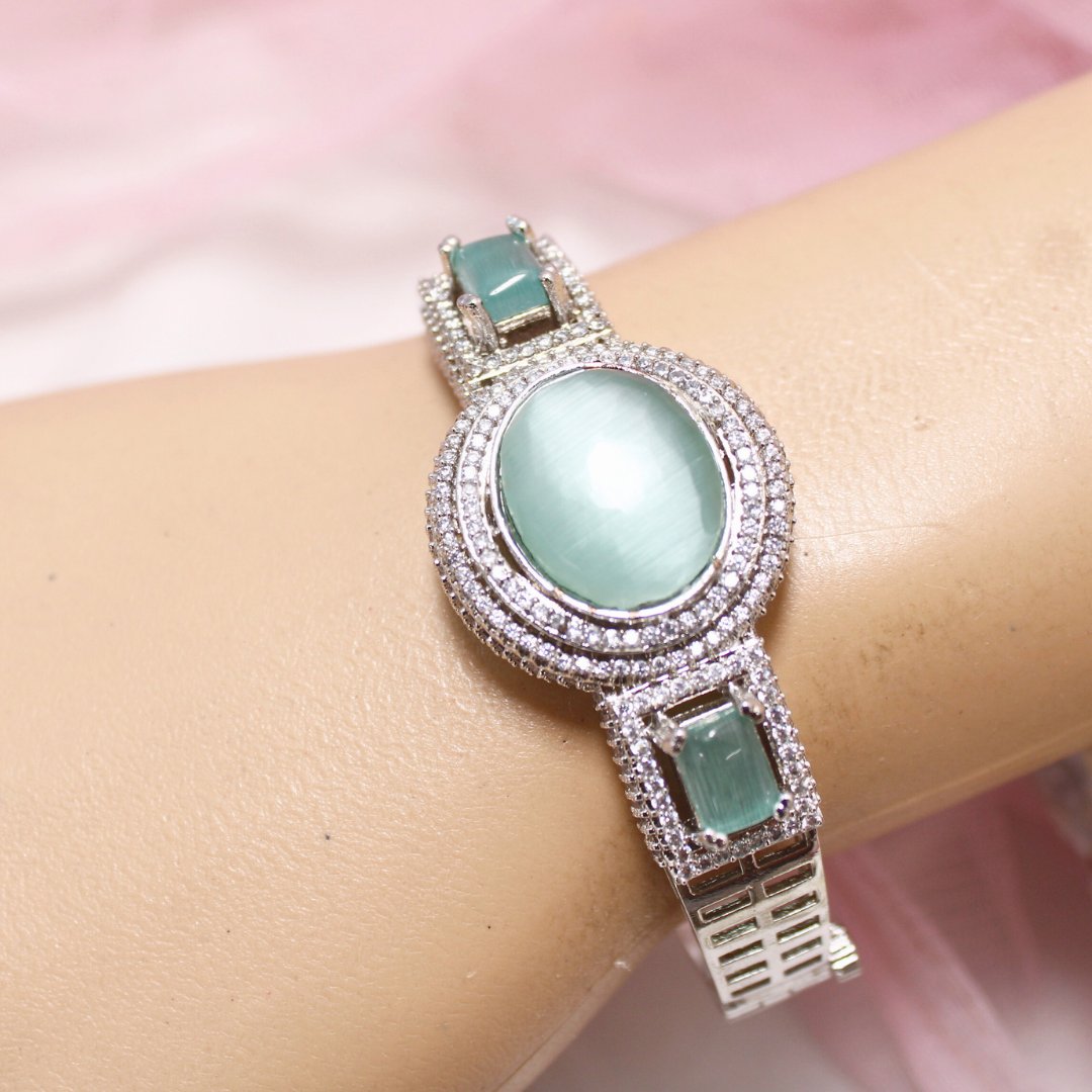 Aqua Green Stone Openable Kada – Silver Finish Luxury Bracelet