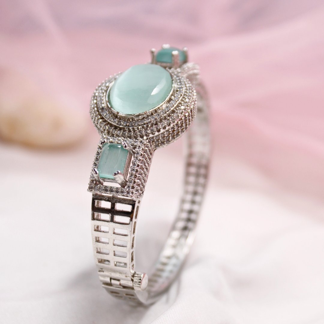 Aqua Green Stone Openable Kada – Silver Finish Luxury Bracelet