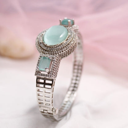 Aqua Green Stone Openable Kada – Silver Finish Luxury Bracelet
