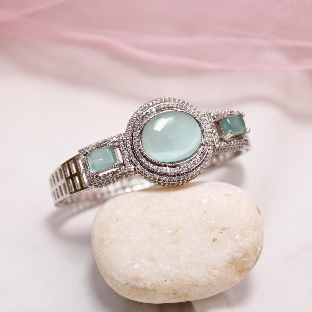Aqua Green Stone Openable Kada – Silver Finish Luxury Bracelet