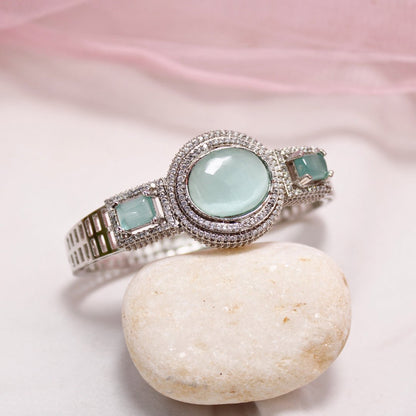 Aqua Green Stone Openable Kada – Silver Finish Luxury Bracelet