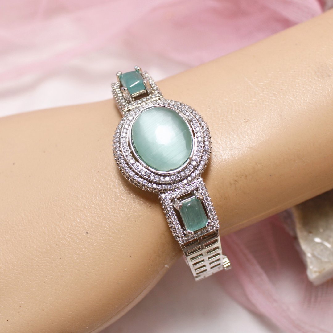 Aqua Green Stone Openable Kada – Silver Finish Luxury Bracelet
