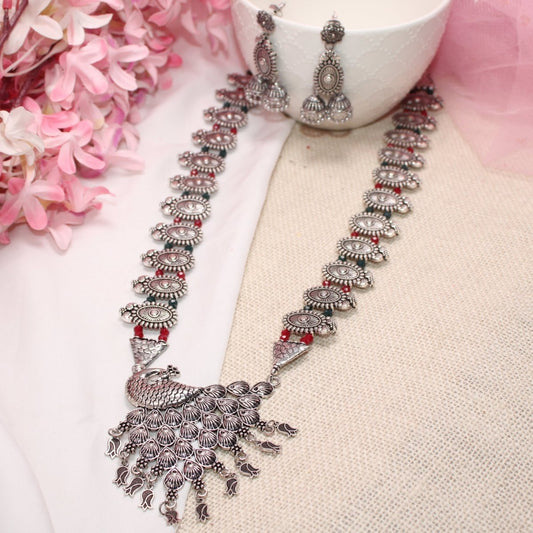 BANJARA PENDANT SET-DOUBLE JHUMKI PATTERN-PEACOCK-RED & WHITE
