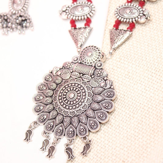 BANJARA PENDANT SET-DOUBLE JHUMKI PATTERN-RED