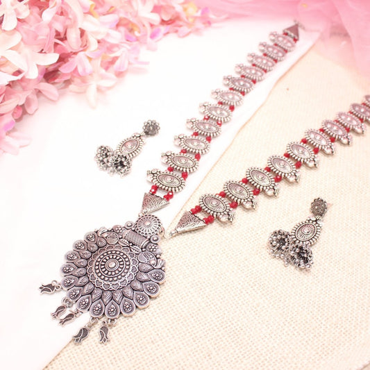 BANJARA PENDANT SET - DOUBLE JHUMKI PATTERN - RED