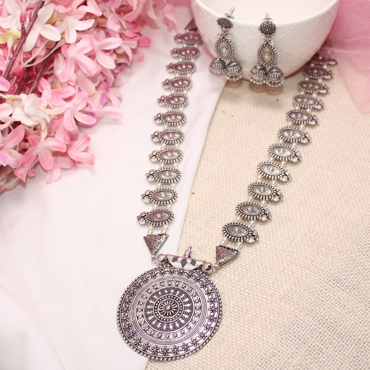 BANJARA PENDANT SET-DOUBLE JHUMKI PATTERN-WHITE