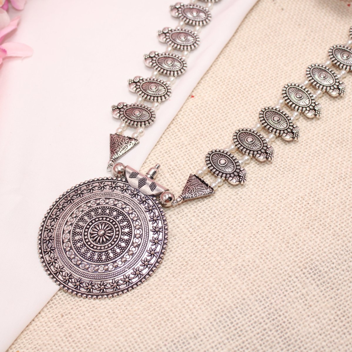 BANJARA PENDANT SET-DOUBLE JHUMKI PATTERN-WHITE