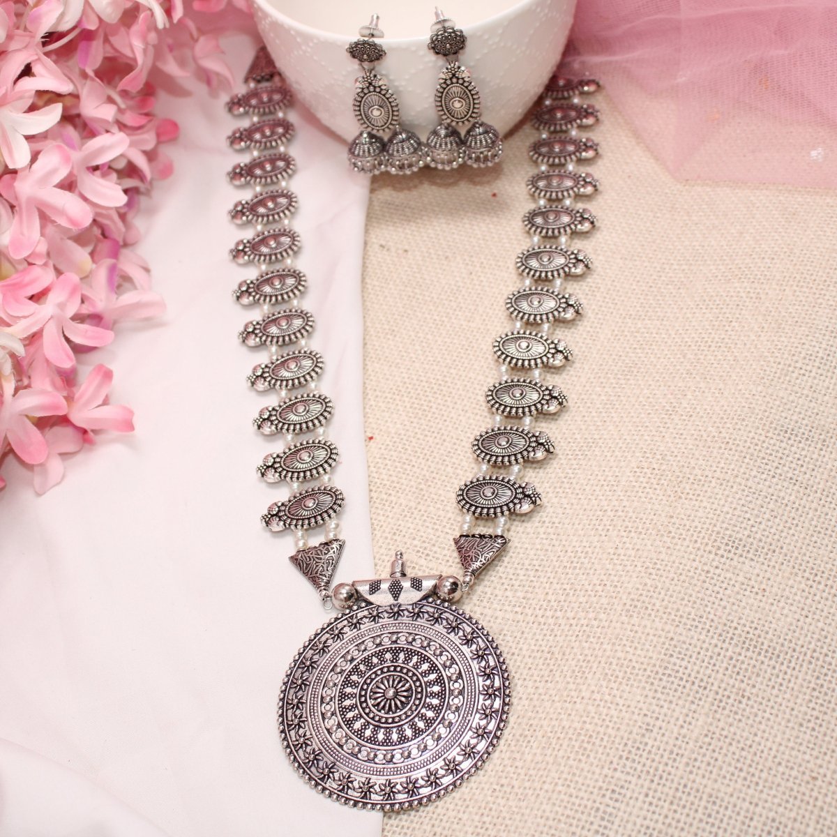 BANJARA PENDANT SET-DOUBLE JHUMKI PATTERN-WHITE