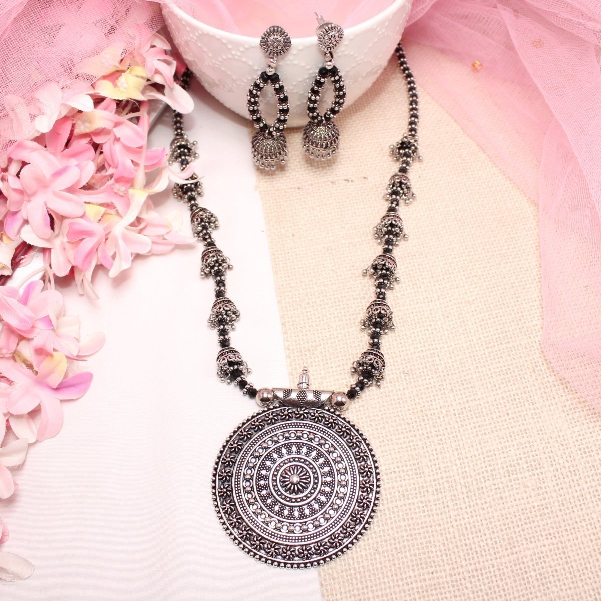 BANJARA PENDANT SET-JHUMKI PATTERN-CHAKRA-BLACK