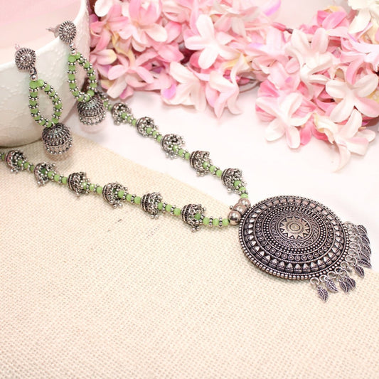BANJARA PENDANT SET-JHUMKI PATTERN-CHAKRA-GREEN
